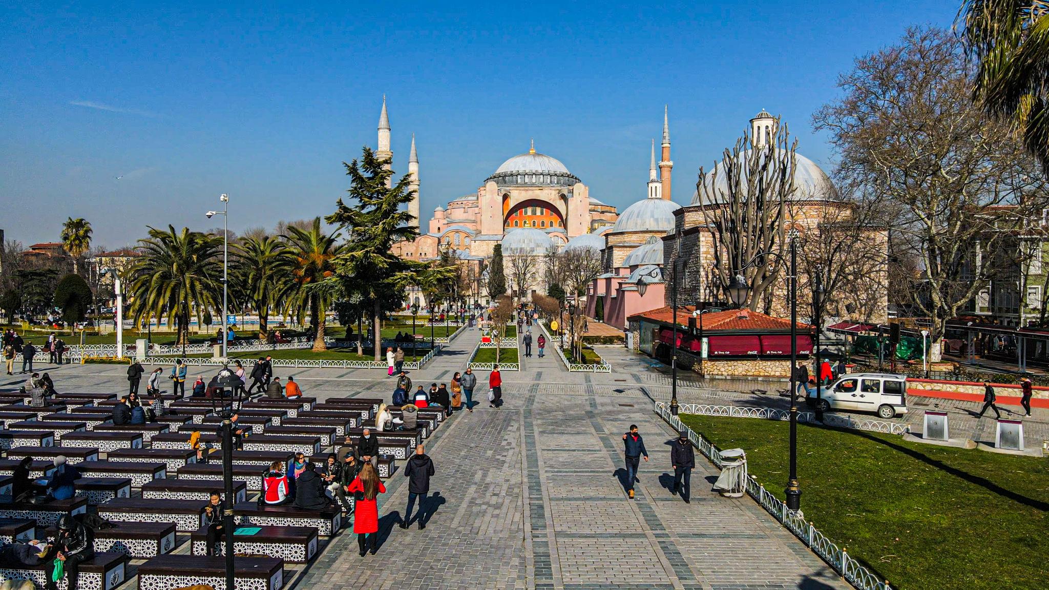 Sultanahmet square near Hagia Sophia, busy with visitors in daylight